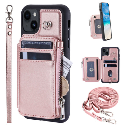 009 RFID Blocking PU+TPU Phone Cover for iPhone 15 Plus Kickstand Zipper Wallet Phone Case with Straps