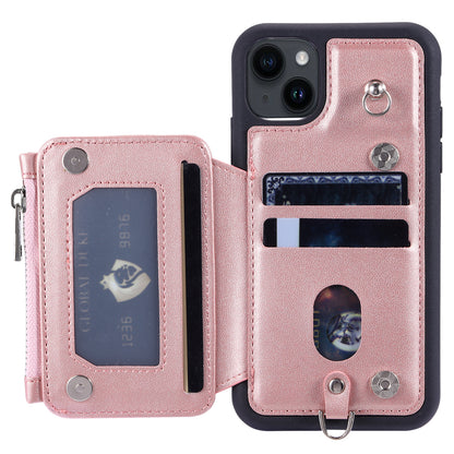 009 RFID Blocking PU+TPU Phone Cover for iPhone 15 Plus Kickstand Zipper Wallet Phone Case with Straps