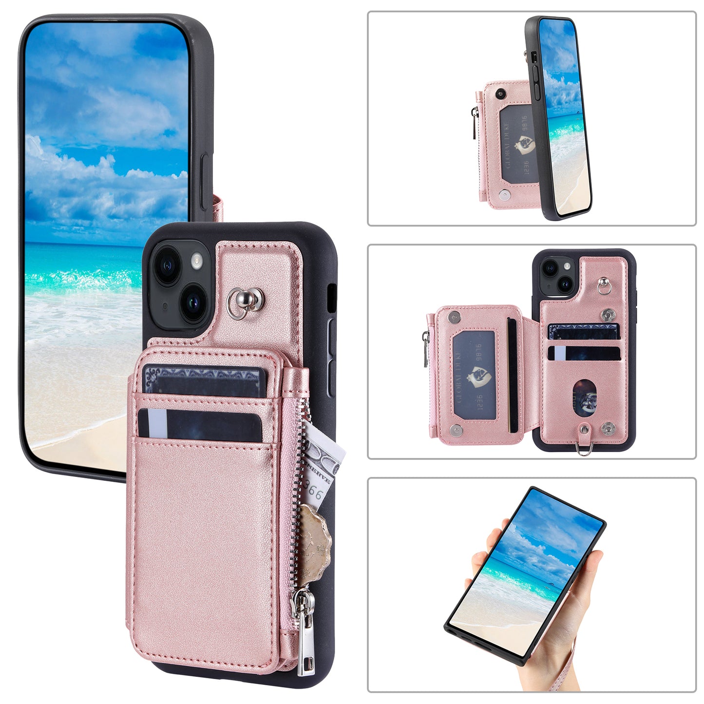 009 RFID Blocking PU+TPU Phone Cover for iPhone 15 Plus Kickstand Zipper Wallet Phone Case with Straps