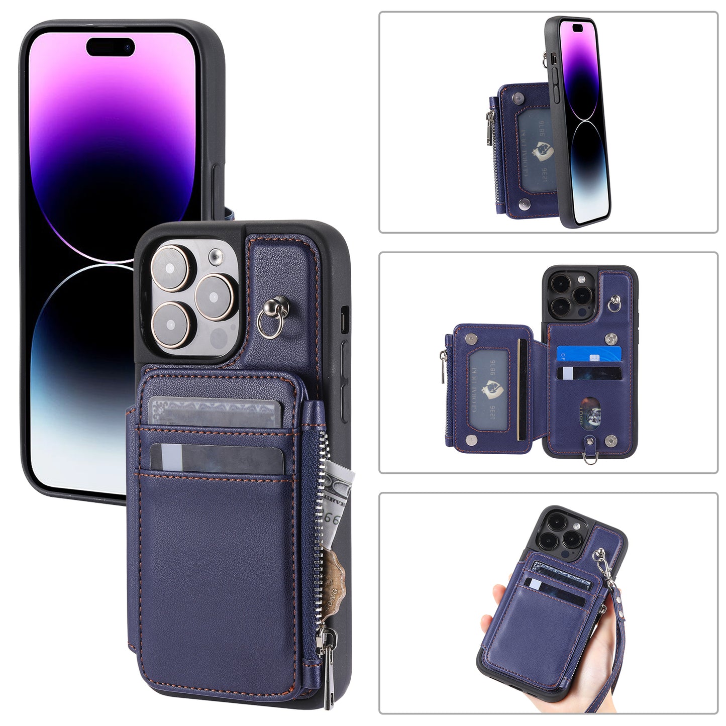 009 Kickstand Phone Case for iPhone 15 Pro Max Zipper Wallet Phone Cover RFID Blocking PU+TPU Case with Straps