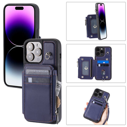 009 Kickstand Phone Case for iPhone 15 Pro Max Zipper Wallet Phone Cover RFID Blocking PU+TPU Case with Straps