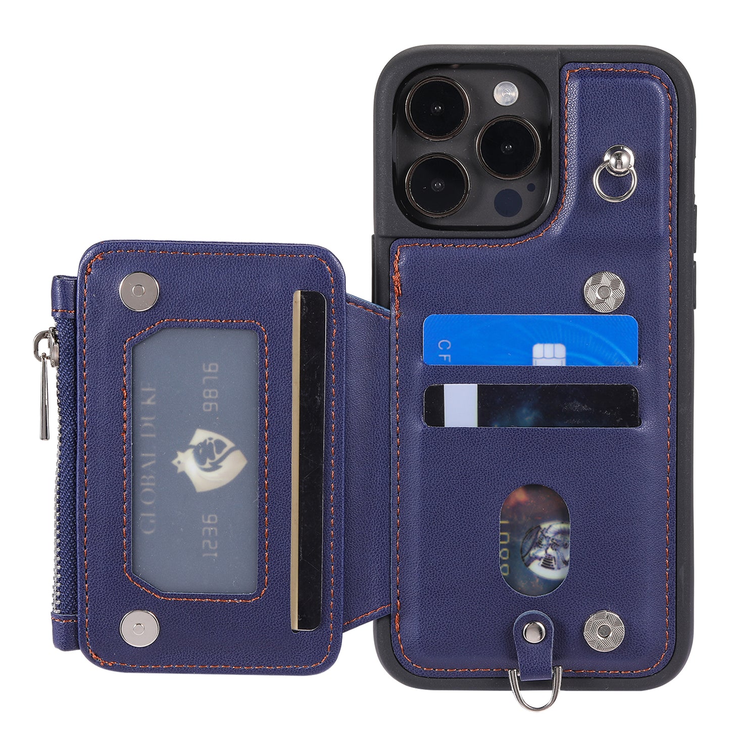 009 Kickstand Phone Case for iPhone 15 Pro Max Zipper Wallet Phone Cover RFID Blocking PU+TPU Case with Straps