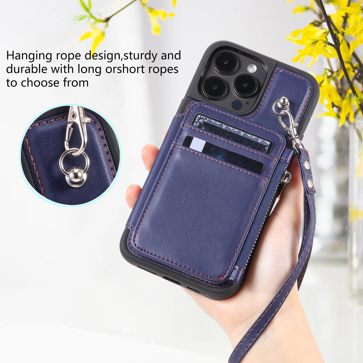 009 Kickstand Phone Case for iPhone 15 Pro Max Zipper Wallet Phone Cover RFID Blocking PU+TPU Case with Straps