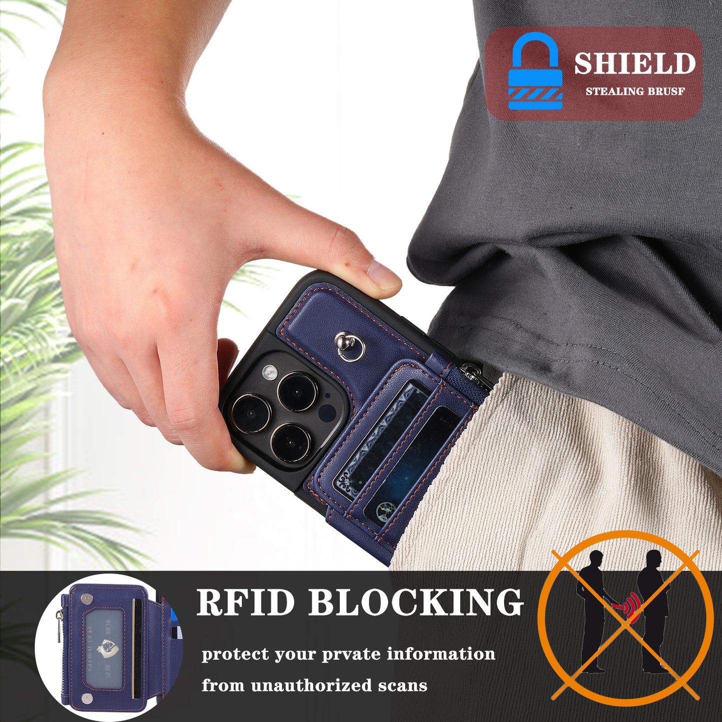 009 Kickstand Phone Case for iPhone 15 Pro Max Zipper Wallet Phone Cover RFID Blocking PU+TPU Case with Straps