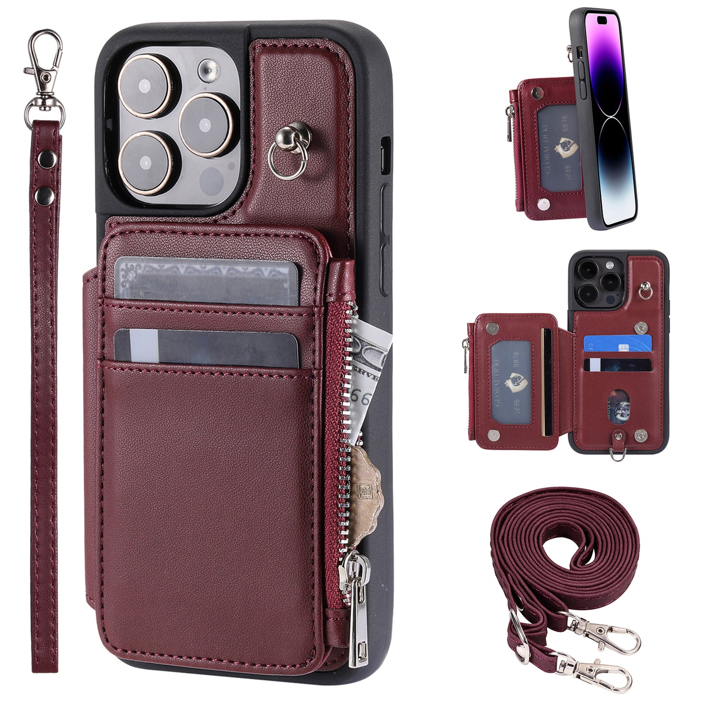 009 Kickstand Phone Case for iPhone 15 Pro Max Zipper Wallet Phone Cover RFID Blocking PU+TPU Case with Straps