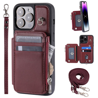 009 Kickstand Phone Case for iPhone 15 Pro Max Zipper Wallet Phone Cover RFID Blocking PU+TPU Case with Straps