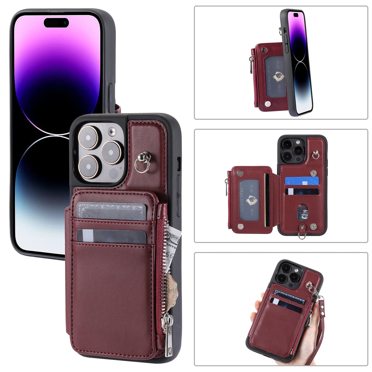 009 Kickstand Phone Case for iPhone 15 Pro Max Zipper Wallet Phone Cover RFID Blocking PU+TPU Case with Straps