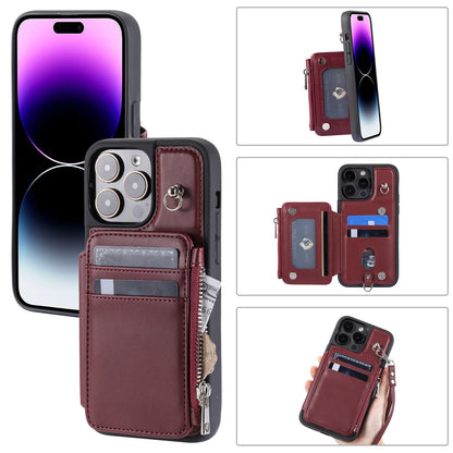 009 Kickstand Phone Case for iPhone 15 Pro Max Zipper Wallet Phone Cover RFID Blocking PU+TPU Case with Straps
