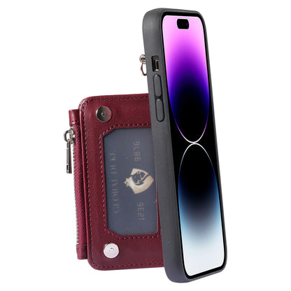 009 Kickstand Phone Case for iPhone 15 Pro Max Zipper Wallet Phone Cover RFID Blocking PU+TPU Case with Straps