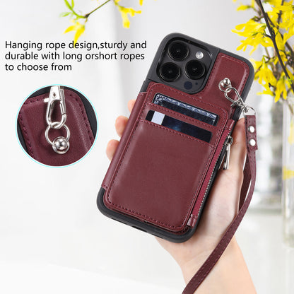 009 Kickstand Phone Case for iPhone 15 Pro Max Zipper Wallet Phone Cover RFID Blocking PU+TPU Case with Straps