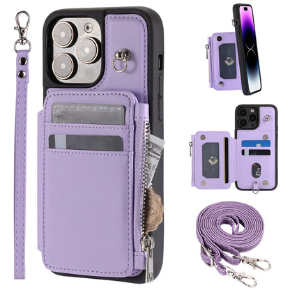 009 Kickstand Phone Case for iPhone 15 Pro Max Zipper Wallet Phone Cover RFID Blocking PU+TPU Case with Straps