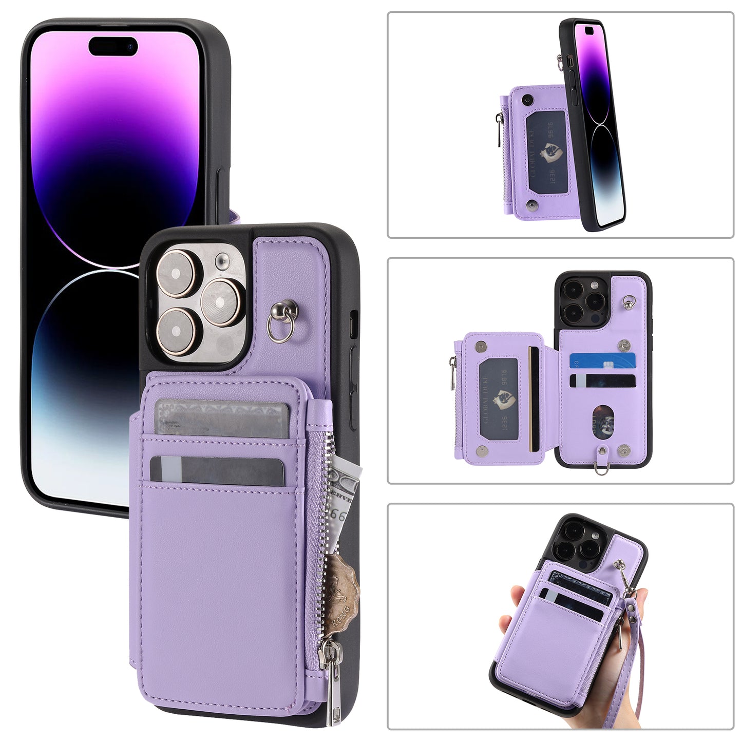 009 Kickstand Phone Case for iPhone 15 Pro Max Zipper Wallet Phone Cover RFID Blocking PU+TPU Case with Straps