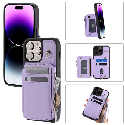 009 Kickstand Phone Case for iPhone 15 Pro Max Zipper Wallet Phone Cover RFID Blocking PU+TPU Case with Straps