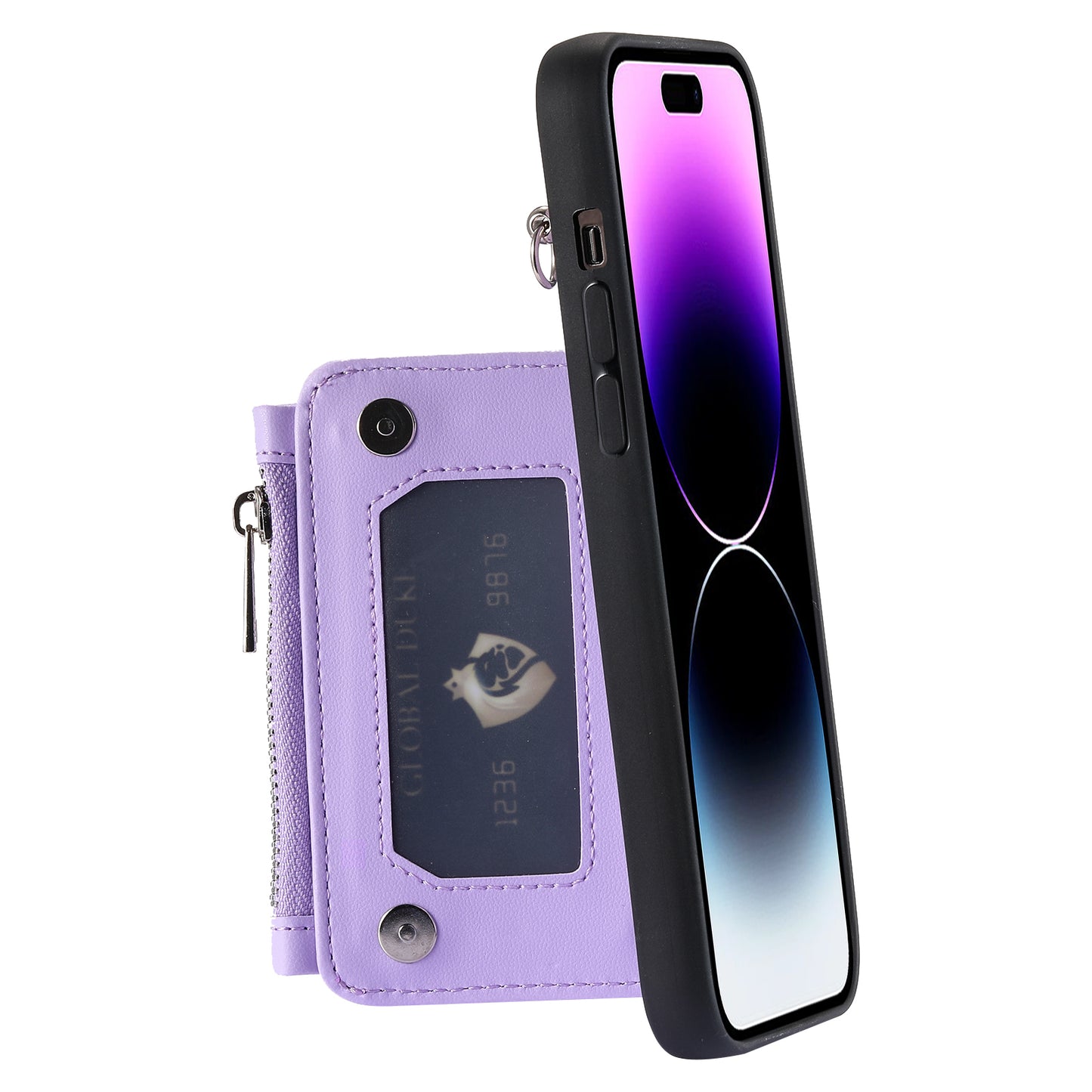 009 Kickstand Phone Case for iPhone 15 Pro Max Zipper Wallet Phone Cover RFID Blocking PU+TPU Case with Straps