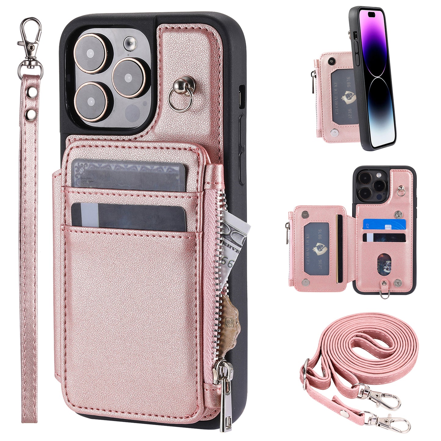 009 Kickstand Phone Case for iPhone 15 Pro Max Zipper Wallet Phone Cover RFID Blocking PU+TPU Case with Straps