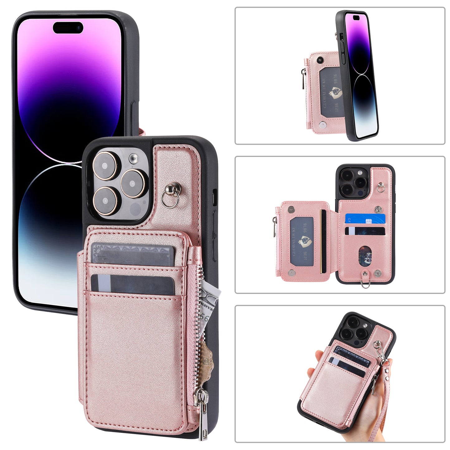 009 Kickstand Phone Case for iPhone 15 Pro Max Zipper Wallet Phone Cover RFID Blocking PU+TPU Case with Straps