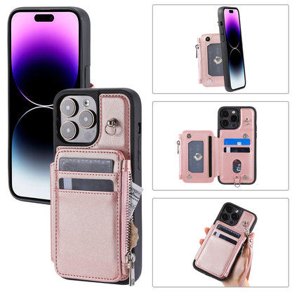 009 Kickstand Phone Case for iPhone 15 Pro Max Zipper Wallet Phone Cover RFID Blocking PU+TPU Case with Straps