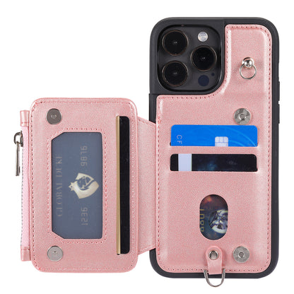 009 Kickstand Phone Case for iPhone 15 Pro Max Zipper Wallet Phone Cover RFID Blocking PU+TPU Case with Straps