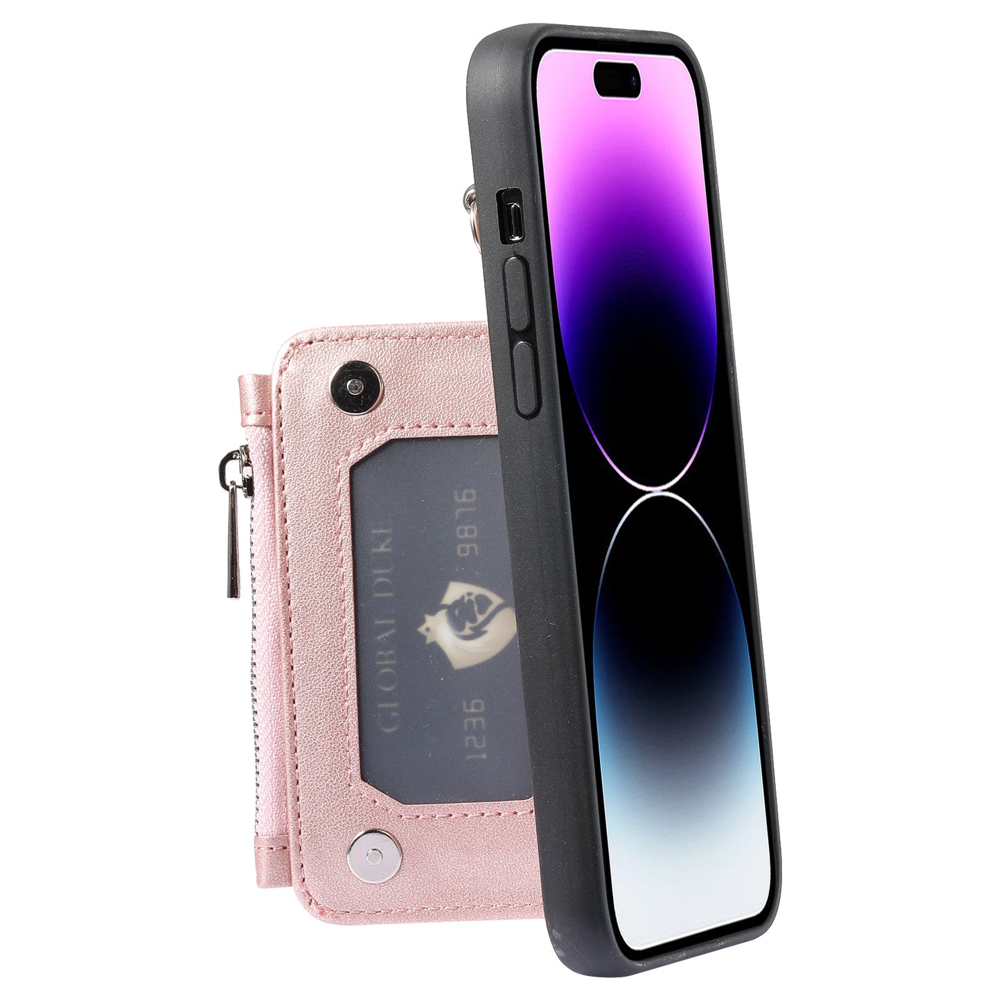 009 Kickstand Phone Case for iPhone 15 Pro Max Zipper Wallet Phone Cover RFID Blocking PU+TPU Case with Straps