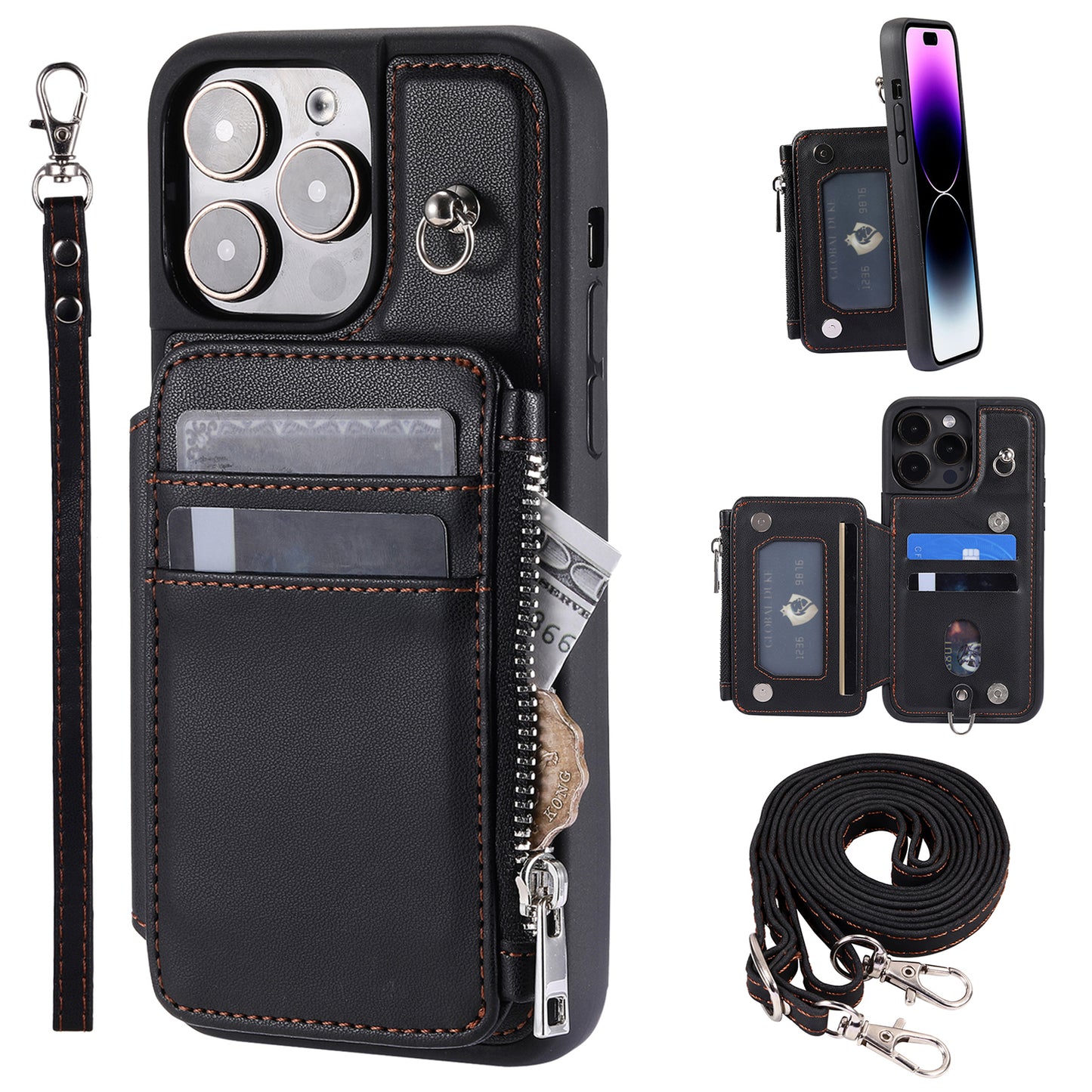 009 Kickstand Phone Case for iPhone 15 Pro Max Zipper Wallet Phone Cover RFID Blocking PU+TPU Case with Straps