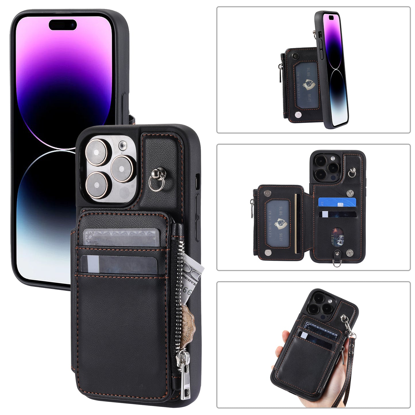 009 Kickstand Phone Case for iPhone 15 Pro Max Zipper Wallet Phone Cover RFID Blocking PU+TPU Case with Straps