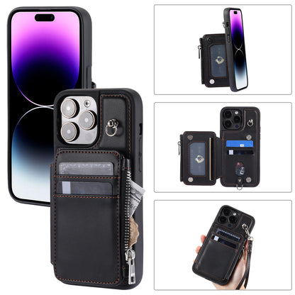 009 Kickstand Phone Case for iPhone 15 Pro Max Zipper Wallet Phone Cover RFID Blocking PU+TPU Case with Straps