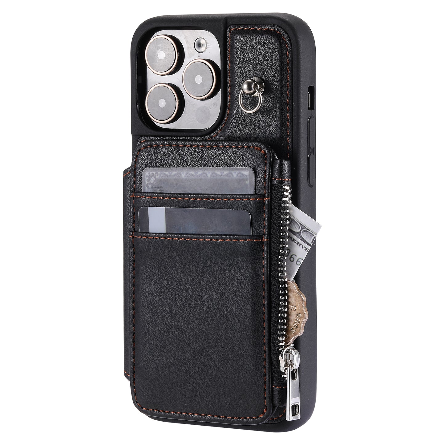 009 Kickstand Phone Case for iPhone 15 Pro Max Zipper Wallet Phone Cover RFID Blocking PU+TPU Case with Straps