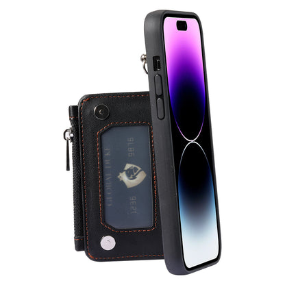 009 Kickstand Phone Case for iPhone 15 Pro Max Zipper Wallet Phone Cover RFID Blocking PU+TPU Case with Straps