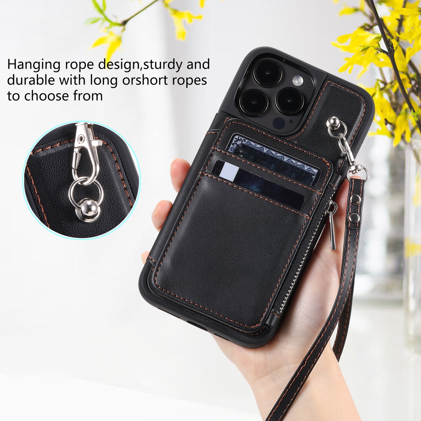 009 Kickstand Phone Case for iPhone 15 Pro Max Zipper Wallet Phone Cover RFID Blocking PU+TPU Case with Straps