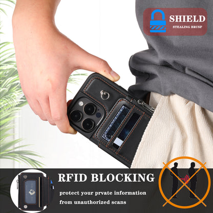 009 Kickstand Phone Case for iPhone 15 Pro Max Zipper Wallet Phone Cover RFID Blocking PU+TPU Case with Straps