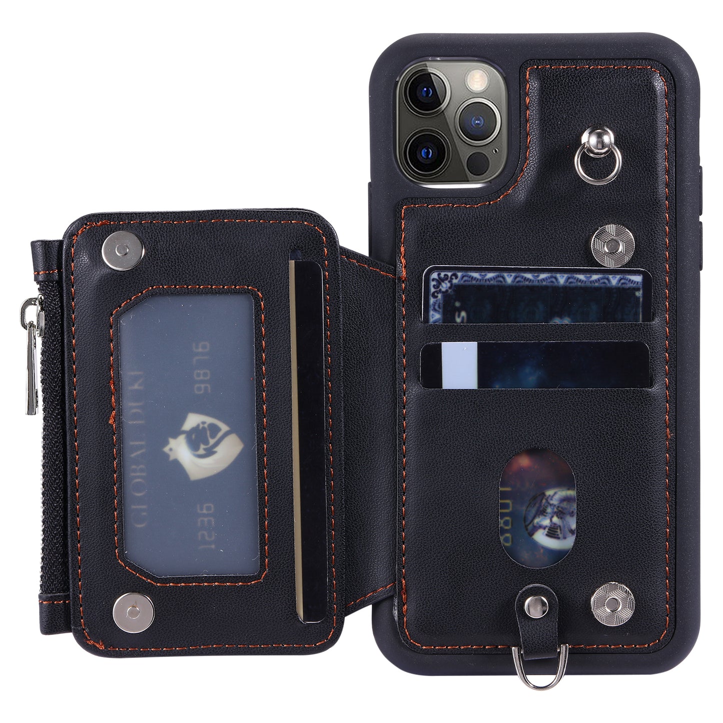 009 Phone Case for iPhone 12 / 12 Pro 6.1 inch , RFID Blocking PU+TPU Cover Kickstand Zipper Wallet Shell with Strap