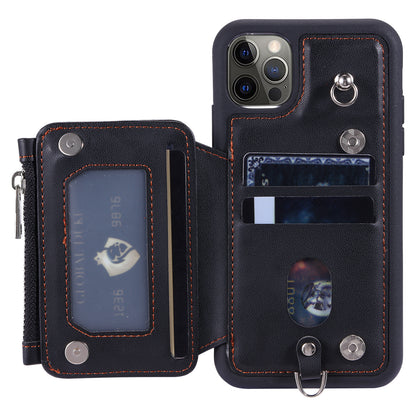 009 Phone Case for iPhone 12 / 12 Pro 6.1 inch , RFID Blocking PU+TPU Cover Kickstand Zipper Wallet Shell with Strap