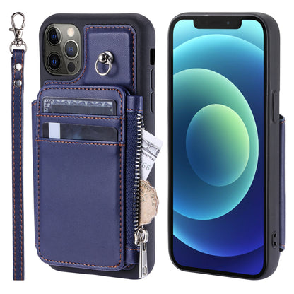 009 Phone Case for iPhone 12 / 12 Pro 6.1 inch , RFID Blocking PU+TPU Cover Kickstand Zipper Wallet Shell with Strap