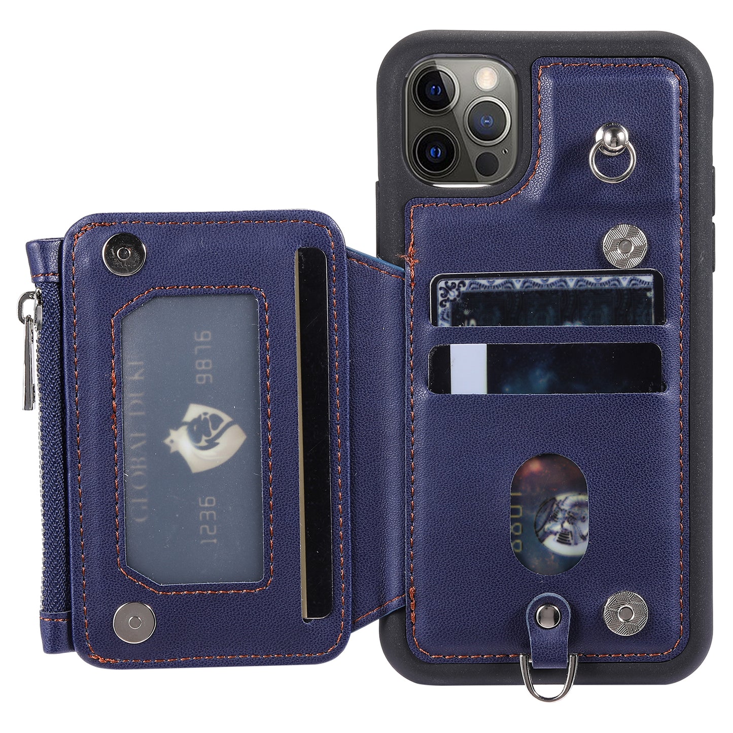 009 Phone Case for iPhone 12 / 12 Pro 6.1 inch , RFID Blocking PU+TPU Cover Kickstand Zipper Wallet Shell with Strap