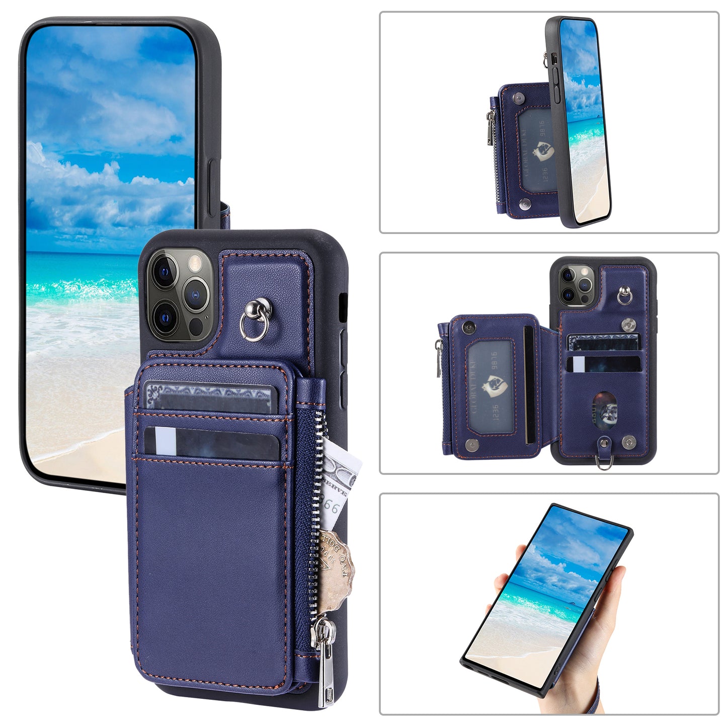 009 Phone Case for iPhone 12 / 12 Pro 6.1 inch , RFID Blocking PU+TPU Cover Kickstand Zipper Wallet Shell with Strap