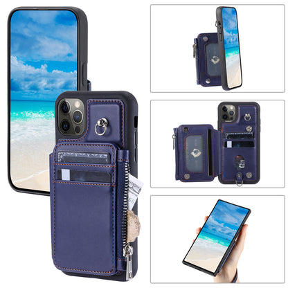 009 Phone Case for iPhone 12 / 12 Pro 6.1 inch , RFID Blocking PU+TPU Cover Kickstand Zipper Wallet Shell with Strap