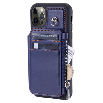 009 Phone Case for iPhone 12 / 12 Pro 6.1 inch , RFID Blocking PU+TPU Cover Kickstand Zipper Wallet Shell with Strap