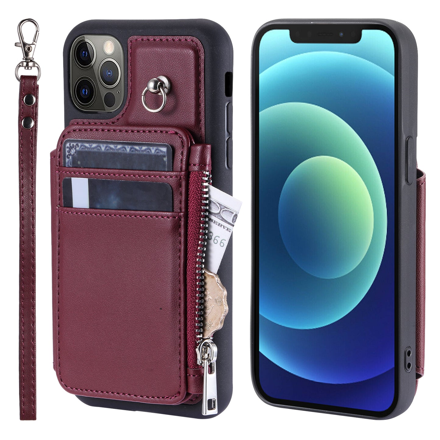 009 Phone Case for iPhone 12 / 12 Pro 6.1 inch , RFID Blocking PU+TPU Cover Kickstand Zipper Wallet Shell with Strap