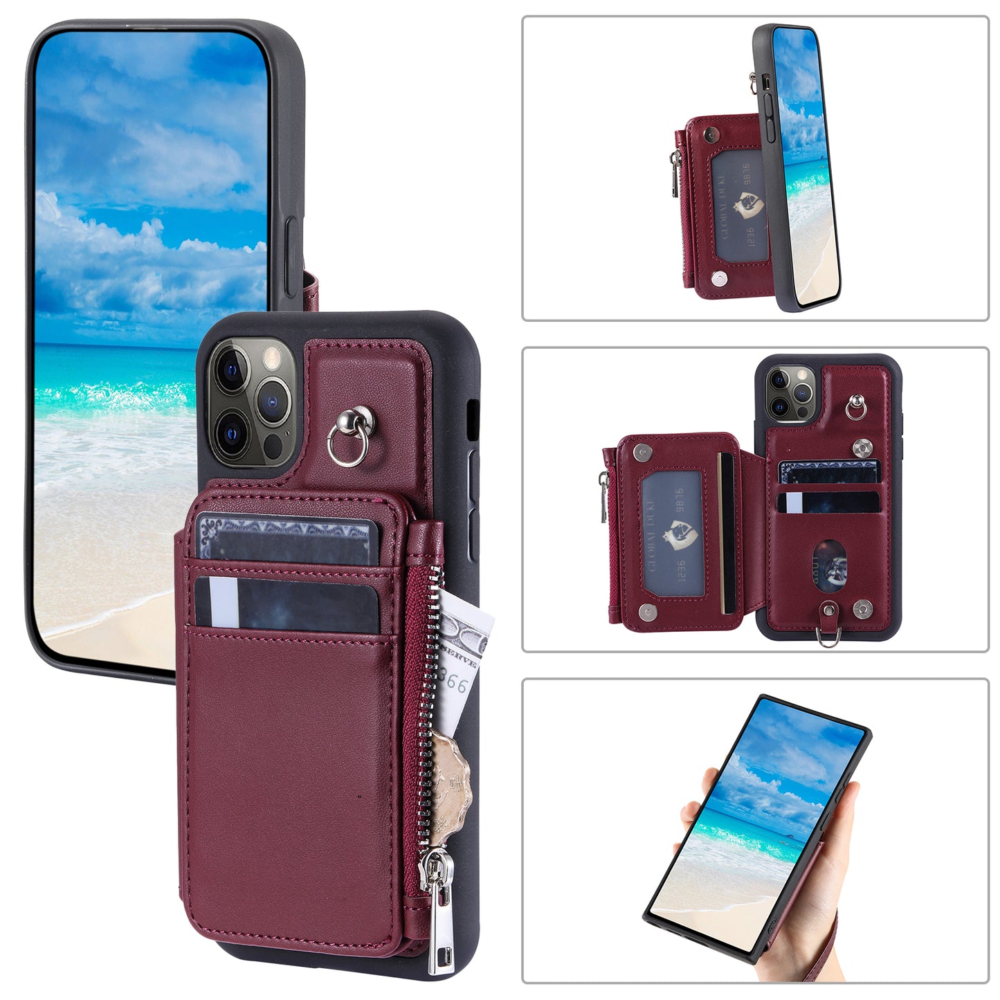 009 Phone Case for iPhone 12 / 12 Pro 6.1 inch , RFID Blocking PU+TPU Cover Kickstand Zipper Wallet Shell with Strap