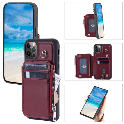 009 Phone Case for iPhone 12 / 12 Pro 6.1 inch , RFID Blocking PU+TPU Cover Kickstand Zipper Wallet Shell with Strap