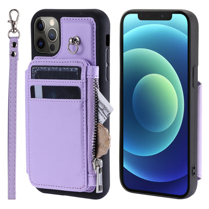 009 Phone Case for iPhone 12 / 12 Pro 6.1 inch , RFID Blocking PU+TPU Cover Kickstand Zipper Wallet Shell with Strap