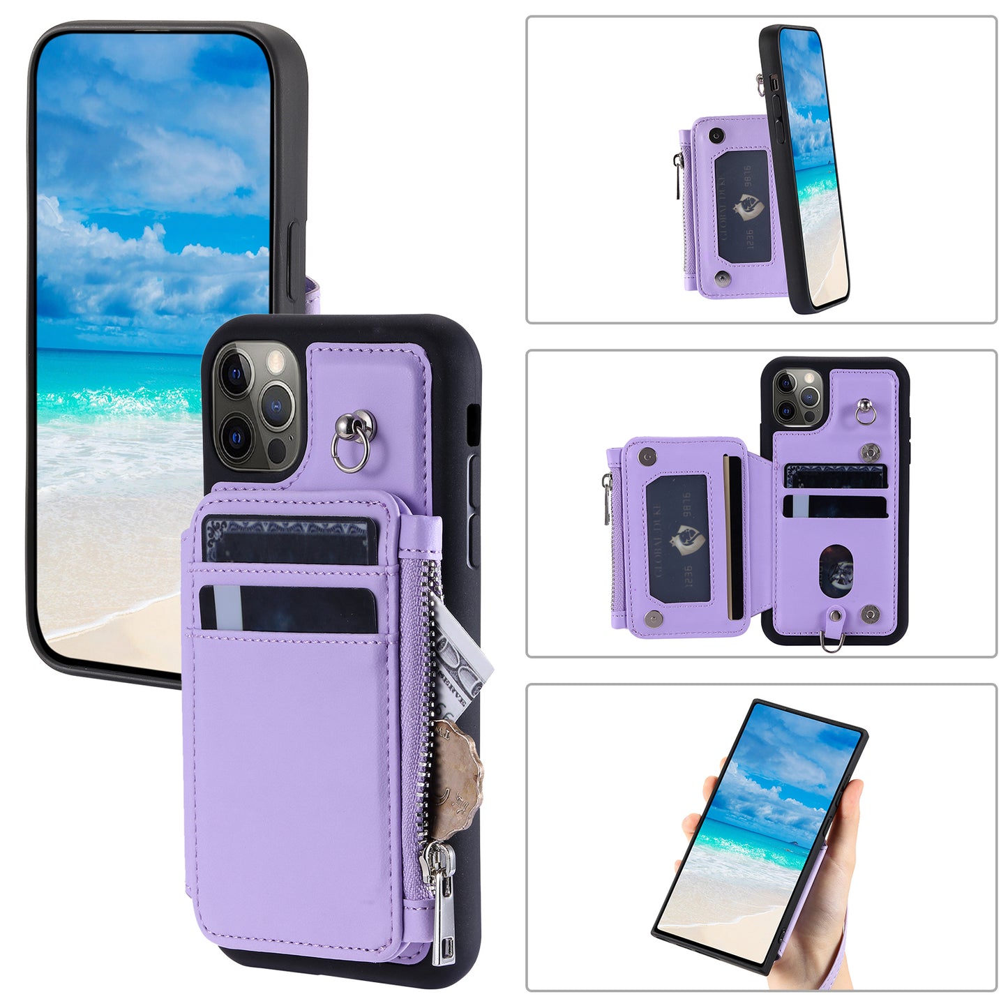 009 Phone Case for iPhone 12 / 12 Pro 6.1 inch , RFID Blocking PU+TPU Cover Kickstand Zipper Wallet Shell with Strap