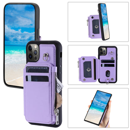 009 Phone Case for iPhone 12 / 12 Pro 6.1 inch , RFID Blocking PU+TPU Cover Kickstand Zipper Wallet Shell with Strap