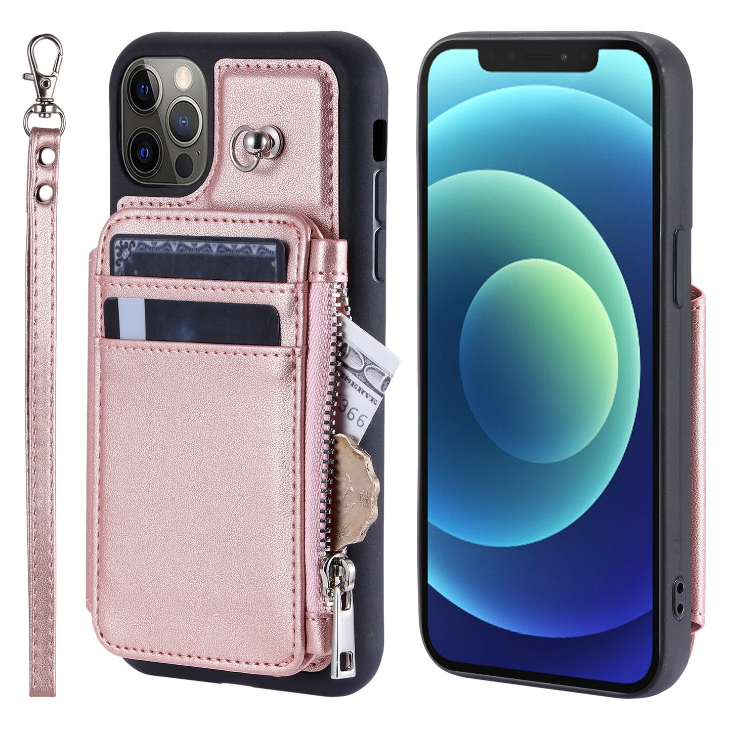 009 Phone Case for iPhone 12 / 12 Pro 6.1 inch , RFID Blocking PU+TPU Cover Kickstand Zipper Wallet Shell with Strap