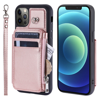 009 Phone Case for iPhone 12 / 12 Pro 6.1 inch , RFID Blocking PU+TPU Cover Kickstand Zipper Wallet Shell with Strap