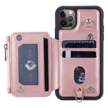 009 Phone Case for iPhone 12 / 12 Pro 6.1 inch , RFID Blocking PU+TPU Cover Kickstand Zipper Wallet Shell with Strap