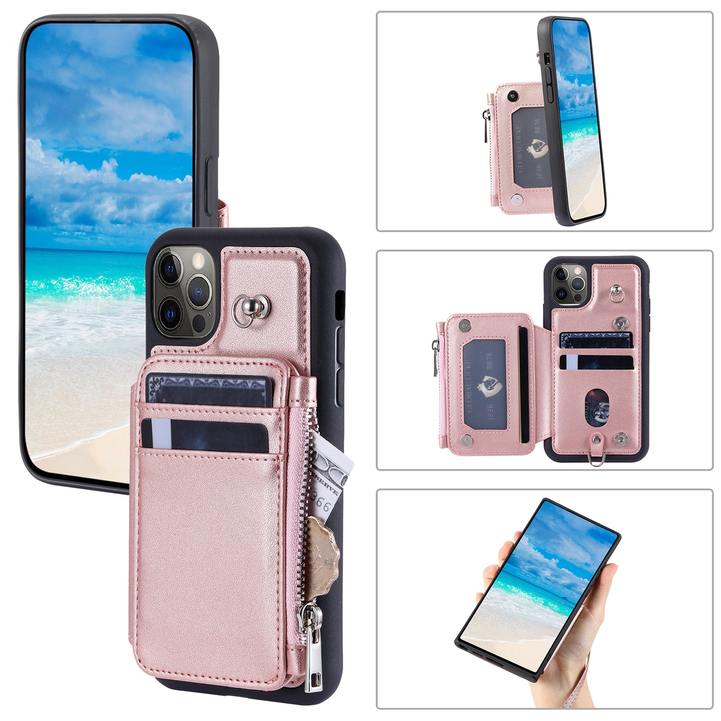 009 Phone Case for iPhone 12 / 12 Pro 6.1 inch , RFID Blocking PU+TPU Cover Kickstand Zipper Wallet Shell with Strap