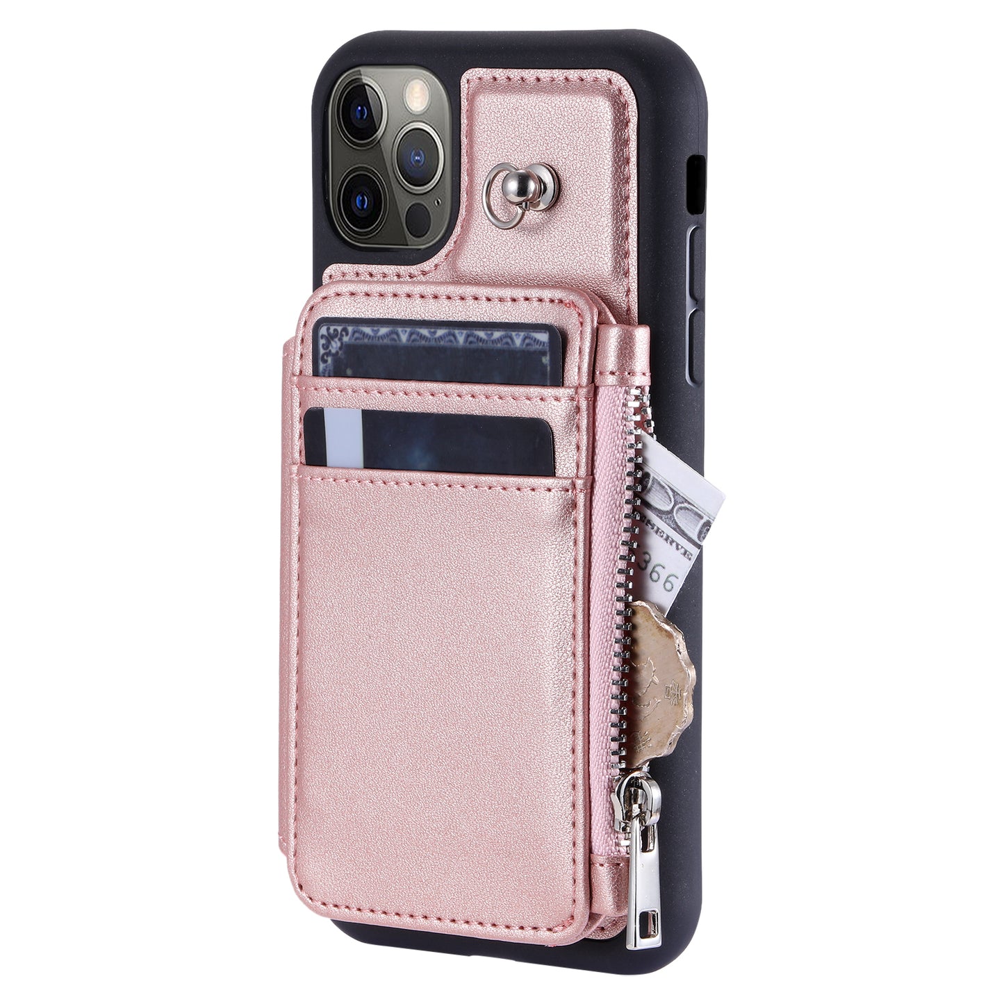 009 Phone Case for iPhone 12 / 12 Pro 6.1 inch , RFID Blocking PU+TPU Cover Kickstand Zipper Wallet Shell with Strap