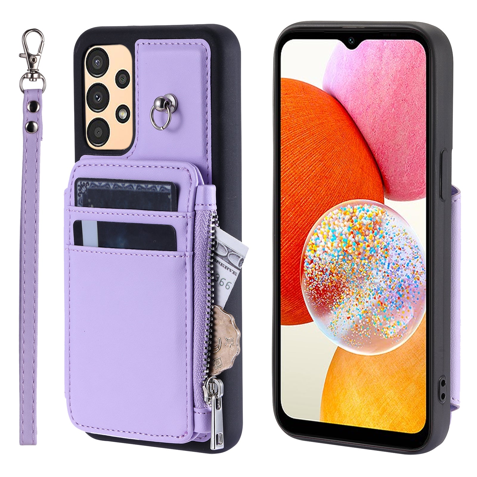 009 Phone Case for Samsung Galaxy A14 4G / 5G , RFID Blocking PU+TPU Anti-drop Cover Kickstand Zipper Wallet Shell with Strap