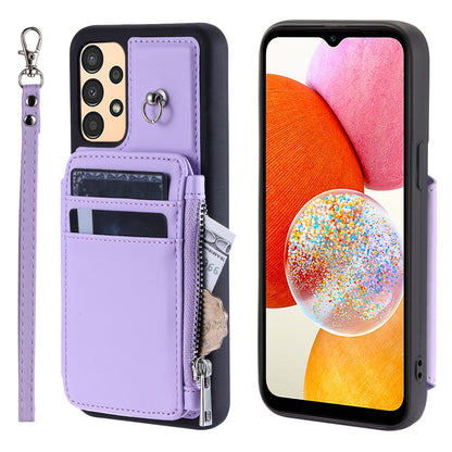 009 Phone Case for Samsung Galaxy A14 4G / 5G , RFID Blocking PU+TPU Anti-drop Cover Kickstand Zipper Wallet Shell with Strap
